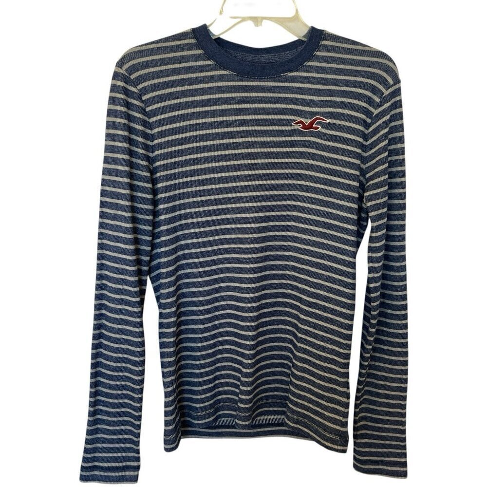 Hollister Y2K Long Sleeve Ribbed Shirt M Blue Striped California Surf Seagull